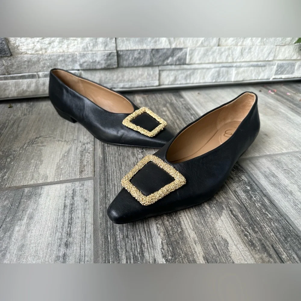 SAM EDELMAN x ANTHROPOLOGIE Janina Leather Pointed Toe Flat Gold Buckle Sz 10 - Picture 3 of 13